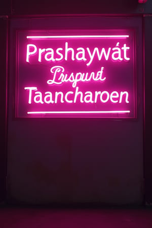 An advertising sign for a strip club with neon letters,  with pink an purple color, 50s  legs The sign says"Prashayawat Taancharoen" 