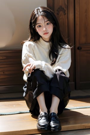 18 years old, 1 girl, beautiful Korean girl, big eyes ((shy smile)) (sweater), black shoes, smile, solo {beautiful and refined}, colored eyes, calm sitting position, delicate face ((model)), figure that has  charm    Full body photo (dark hair: 1.2) Earrings