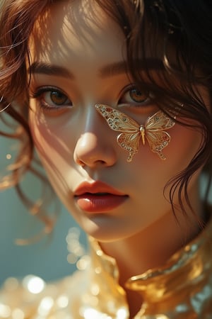 8k portrait of beautiful cyborg with brown hair, intricate, elegant, highly detailed, majestic, digital photography, art by artgerm and ruan jia and greg rutkowski surreal painting gold butterfly filigree, broken glass, (masterpiece, sidelighting, finely detailed beautiful eyes: 1.2), hdr, (detailed background window to a new dimension, plants and flowers:0.7)  infinity, infinite symbol,