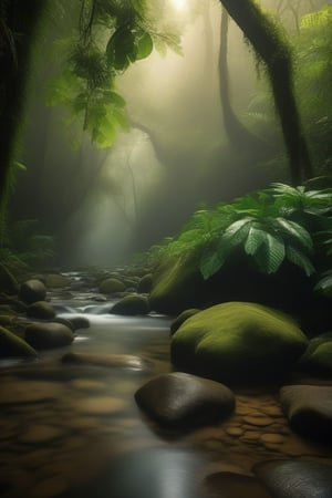 Rainforest, Nikon camera photo, 8K resolution, several large trees, deep green leaves  A stream flows through  Big and small rocks, morning mist, faint sunlight