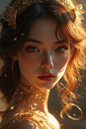 8k portrait of beautiful cyborg with brown hair, intricate, elegant, highly detailed, majestic, digital photography, art by artgerm and ruan jia and greg rutkowski surreal painting gold butterfly filigree, broken glass, (masterpiece, sidelighting, finely detailed beautiful eyes: 1.2), hdr, (detailed background window to a new dimension, plants and flowers:0.7)  infinity, infinite symbol,