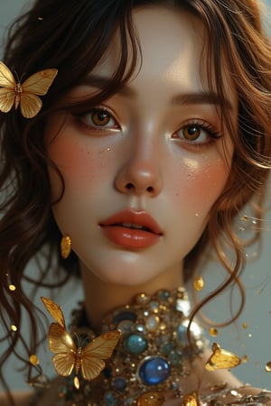 8k portrait of beautiful cyborg with brown hair, intricate, elegant, highly detailed, majestic, digital photography, art by artgerm and ruan jia and greg rutkowski surreal painting gold butterfly filigree, broken glass, (masterpiece, sidelighting, finely detailed beautiful eyes: 1.2), hdr, (detailed background window to a new dimension, plants and flowers:0.7)  infinity, infinite symbol,