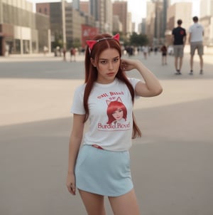 all red brunette hair, sexy body, ultra details, sharp, best artist, sweating, clothes, 1girl, barbie logo on the shirt, cat head band ears, facing frontview,