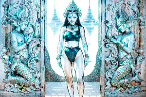 anciant art, swiming suite, (sacred), wooden door on stage, Thai culture, high_resolution, 