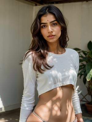 (RAW photo, 4k, masterpiece of an indian girl, high res, extremely intricate) (photorealistic:1.4), cinematic lighting 1girl, solo focus, summer noon, hot, 1990s \(style\),indoors,the upper part of the body, masterpiece, best quality, masterpiece,best quality, 8k wallpaper, beautiful detailed eyes,  photo_(medium), real, realistic, (silver, long hair), Indian girl, Expressive Hues, Vibrant Palette,  open_clothing,   