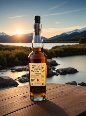 masterpiece, best quality, photo realistic, lifelike rendering, film grain, product photography shot with Hasselblad 6h, One Premium Whiskey bottle in the middle of wooden table, focus on the bottle, shallow depth of field, out of focus background of nature mountains, beautiful sky, river, sidelight, sun low on horizon, wide angle shot.
