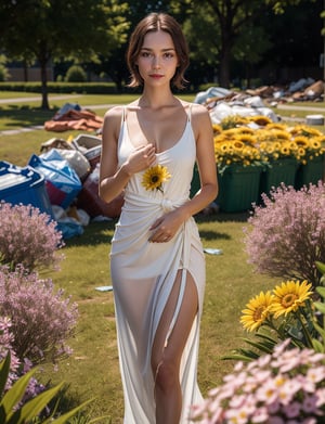 masterpiece, best quality, photorealistic, lifelike rendering, A beautiful young woman in Slip Dress stands between a pile of multicolored garbage, she is emotionless expression. Her body is straight in a full frontal position, her face illuminated by the warm summer sun.