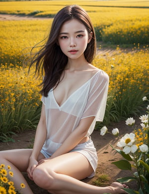 masterpiece, best quality, photorealistic,lifelike rendering, a girl with Anosmia in the middle of field of flower, frontal, full length, no expression, wide anle shot