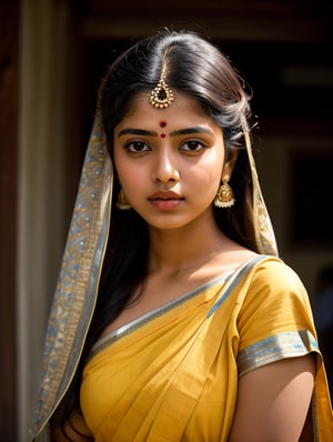 (RAW photo, 4k, masterpiece of an indian girl, high res, extremely intricate) (photorealistic:1.4), cinematic lighting 1girl, solo focus, summer noon, hot, 1990s \(style\),indoors,the upper part of the body, masterpiece, best quality, masterpiece,best quality, 8k wallpaper, beautiful detailed eyes,  photo_(medium), real, realistic, (silver, long hair), Indian girl, Expressive Hues, Vibrant Palette, yellow clothes,   