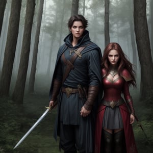 A young couple stands in an enchanted forest, surrounded by towering trees and magical creatures. She’s a warrior, with a sword at her side and a fierce look in her eyes. He’s a wizard, with a staff in hand and an aura of power around him. Despite their attraction, there’s a hint of tension between them as they navigate the complexities of love in a fantasy world.