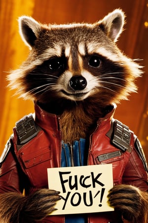 Film still of Rocket Raccon from Guardians of the Galaxy, holding a sing that says "FUCK YOU!", looking angry,Movie Still