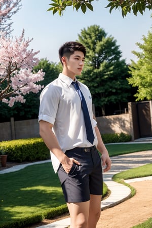 masterpiece,1 boy,Young,Handsome,Look at me,Short hair,Tea hair,Students,White shirt,Striped tie,Gray shorts,Stand,Outdoor,Garden,Peach tree,Flying petals,Light and shadow,HDR,textured skin,super detail,best quality,