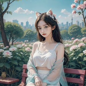 masterpiece, 1 girl, Look at me, Lovely, Cat ear, Put one hand on your waist., White skirt, Pink dish hair, Outdoor, Light blue sky, Park, Sit on a bench, White flowers, textured skin, super detail, best quality,LinkGirl,huayu,shenshou