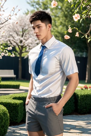 masterpiece,1 boy,Young,Handsome,Look at me,Short hair,Tea hair,Students,White shirt,Striped tie,Gray shorts,Stand,Outdoor,Garden,Peach tree,Flying petals,Light and shadow,HDR,textured skin,super detail,best quality,