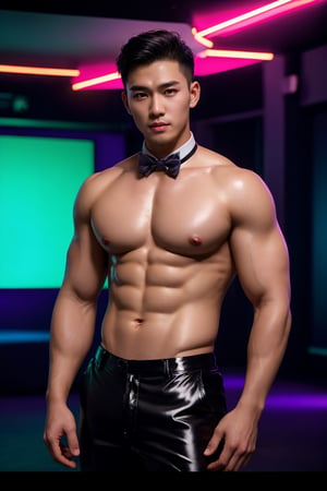 masterpiece,1 Man,Look at me,Handsome,Indoor,Nightclub,Neon light,Light and shadow,Greasy and shiny skin,Black trousers,Bow tie,Muscle,Topless,textured skin,super detail,best quality,