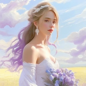 masterpiece, 1 girl, Look at me, Beautiful, Light makeup, Wearing a white wedding dress, Head yarn, Diamond Earrings, Outdoor, Light blue sky, Clouds, Lavender flower field, textured skin, super detail, best quality,AngelicStyle,dripping paint