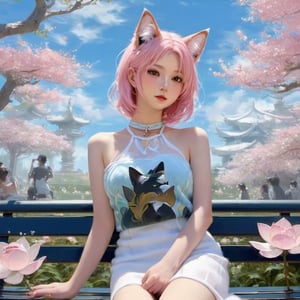 masterpiece, 1 girl, Look at me, Lovely, Cat ear, Put one hand on your waist., White skirt, Pink dish hair, Outdoor, Light blue sky, Park, Sit on a bench, White flowers, textured skin, super detail, best quality,LinkGirl,huayu,shenshou,Spirit Fox Pendant,underwater,mecha,6000,1girl,abstract paintings,naked_towel,NYFlowerGirl