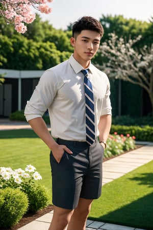 masterpiece,1 boy,Young,Handsome,Look at me,Short hair,Tea hair,Students,White shirt,Striped tie,Gray shorts,Stand,Outdoor,Garden,Peach tree,Flying petals,Light and shadow,HDR,textured skin,super detail,best quality,