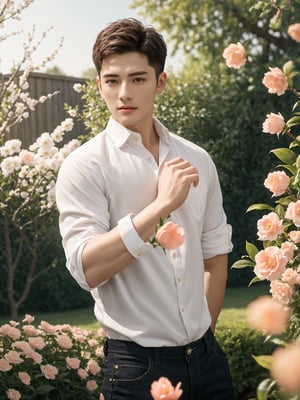 masterpiece, 1 Man, Handsome, Look at me, Brown eyes, Short hair, Oil head, White shirt, 22 years old, Outdoor, Garden, Peach tree, Flying petals, textured skin, super detail, best quality