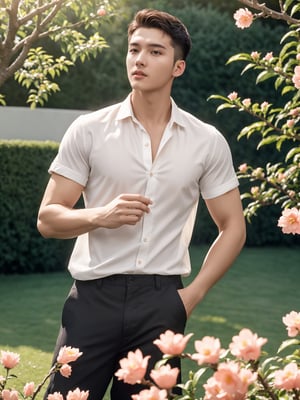 masterpiece, 1 Man, Handsome, Look at me, Brown eyes, Short hair, Oil head, White shirt, 22 years old, Outdoor, Garden, Peach tree, Flying petals, textured skin, super detail, best quality