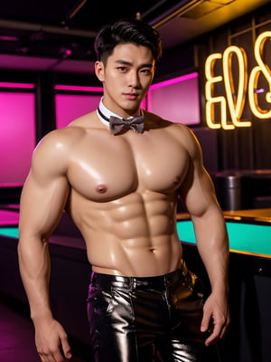 masterpiece,1 Man,Look at me,Handsome,Indoor,Nightclub,Neon light,Light and shadow,Greasy and shiny skin,Black trousers,Bow tie,Muscle,Topless,textured skin,super detail,best quality,