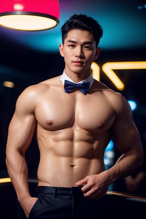 masterpiece,1 Man,Look at me,Handsome,Indoor,Nightclub,Neon light,Light and shadow,Greasy and shiny skin,Black trousers,Bow tie,Muscle,Topless,textured skin,super detail,best quality,