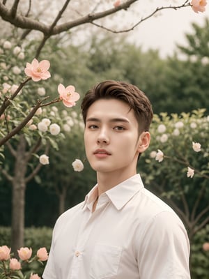 masterpiece, 1 Man, Handsome, Look at me, Brown eyes, Short hair, Oil head, White shirt, 22 years old, Outdoor, Garden, Peach tree, Flying petals, textured skin, super detail, best quality