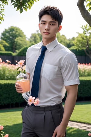 masterpiece,1 boy,Young,Handsome,Look at me,Short hair,Tea hair,Students,White shirt,Striped tie,Gray shorts,Stand,Outdoor,Garden,Peach tree,Flying petals,Light and shadow,HDR,textured skin,super detail,best quality,