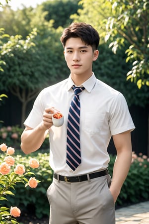 masterpiece,1 boy,Young,Handsome,Look at me,Short hair,Tea hair,Students,White shirt,Striped tie,Gray shorts,Stand,Outdoor,Garden,Peach tree,Flying petals,Light and shadow,HDR,textured skin,super detail,best quality,