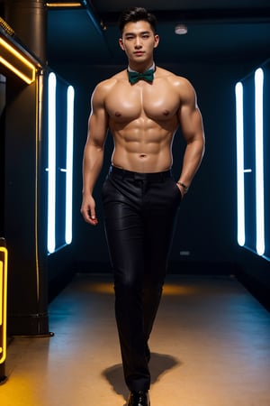 masterpiece,1 Man,Look at me,Handsome,Indoor,Nightclub,Neon light,Light and shadow,Greasy and shiny skin,Black trousers,Bow tie,Muscle,Topless,textured skin,super detail,best quality,