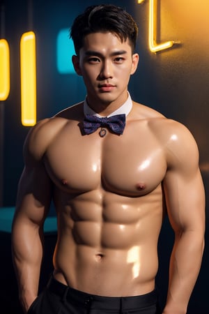 masterpiece,1 Man,Look at me,Handsome,Indoor,Nightclub,Neon light,Light and shadow,Greasy and shiny skin,Black trousers,Bow tie,Muscle,Topless,textured skin,super detail,best quality,