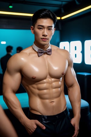 masterpiece,1 Man,Look at me,Handsome,Indoor,Nightclub,Neon light,Light and shadow,Greasy and shiny skin,Black trousers,Bow tie,Muscle,Topless,textured skin,super detail,best quality,