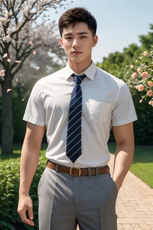 masterpiece,1 boy,Young,Handsome,Look at me,Short hair,Tea hair,Students,White shirt,Striped tie,Gray shorts,Stand,Outdoor,Garden,Peach tree,Flying petals,Light and shadow,HDR,textured skin,super detail,best quality,