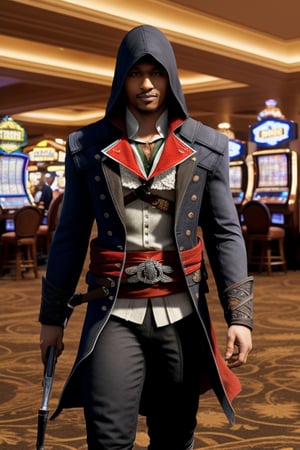 male Cat , Assassin's Creed  outfit in a casino, full shot,  background white, white fund