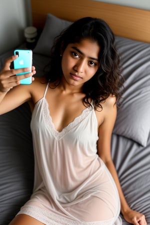 photorealistic, sharp focus, raw amateur photo, beautiful 16 yo asia-sri lankan girl [Harshani |Ureni noshika], just woke up, take a selfie in bed, thin see through black nightgown, thick body, curly hair, detailed skin texture & pores, (goosebumbs:0.7), looking at viewer, face focus, taken with mobile camera, film grain, flashlight, instagram LUT