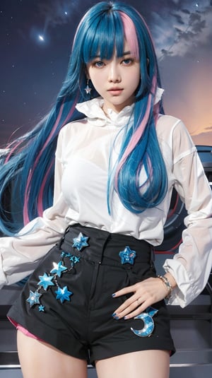 1girl, solo, long hair, looking at viewer, bangs, blue eyes, shirt, long sleeves, jewelry, blue hair, standing, white shirt, pink hair, multicolored hair, cowboy shot, earrings, parted lips, sky, shorts, blunt bangs, nail polish, bracelet, two-tone hair, lips, see-through, short shorts, night, black shorts, crescent, star \(sky\), night sky, pink nails, starry sky, high-waist shorts