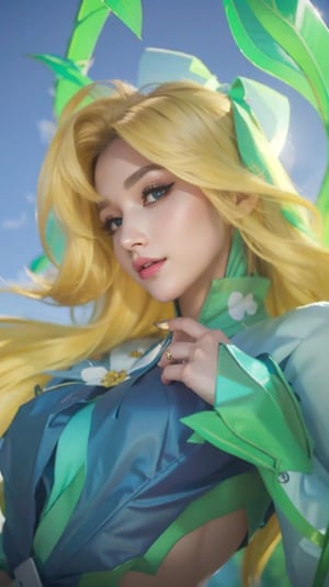 1girl, solo, long hair, breasts, bangs, blue eyes, blonde hair, long sleeves, hair between eyes, upper body, parted lips, sky, teeth, official alternate costume, blue sky, lips, nose, mercy \(overwatch\),Makeup