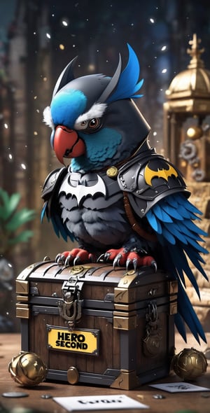 a parrot dressed as a batman from dc and a treasure chest with (((text that says: "HERO SECOND FACE"))), chibi, 3d, cute, bokeh