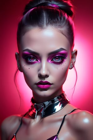 portrait on red background showing black eye shadow and eye makeup, in the style of neon lighting, daz3d, high-key lighting, haunting shadows, dark silver and dark pink, electric color, matte photo