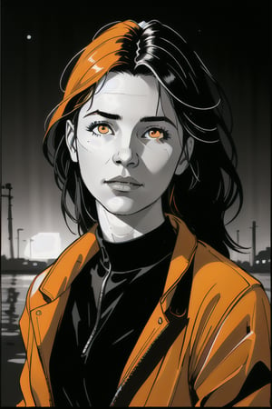 a picture of a girl wearing an orange jacket outdoors, in the style of realistic depiction of light, simplified and stylized portraits, airbrush art, dark symbolism, high contrast lighting, jagged edges, realistic color palette