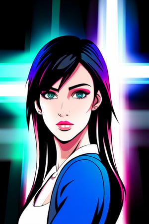 beautiful brunette with high lights, in the style of cartoon realism, trace monotone, anime-inspired, realistic lighting, violet, fine and detailed, digitally enhanced