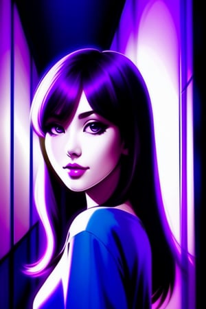 beautiful brunette with high lights, in the style of cartoon realism, trace monotone, anime-inspired, realistic lighting, violet, fine and detailed, digitally enhanced