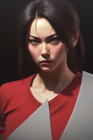 **a woman in a red shirt posing in a dark background on screen, in the style of masamune shirow, photorealism, character studies, john larriva, shiny/glossy, digitally enhanced, blink-and-you-miss-it detail