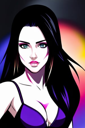 beautiful brunette with high lights, in the style of cartoon realism, trace monotone, anime-inspired, realistic lighting, violet, fine and detailed, digitally enhanced