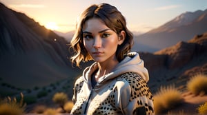 Portrait of a 34-year-old beautiful girl with a cheetah, mountains, beige hoodie, black leggings, cinematic photo shoot shot with a 25mm lens, depth of field, tilt blur, shutter speed 1/1000, F/22, white balance, 32k, super resolution, Pro Photo RGB, Semi-backlit, Backlight, Dramatic Lighting, Incandescent, Soft Lighting, 3D, Conte-Jour, Global Illumination, Global Screen Space Illumination, Diffuse, Shadows, Rough, Flicker, Lumen Reflections, Spatial reflections, diffraction gradation, chromatic aberration, GB offset, contour line, ambient occlusion, anti-aliasing, FKAA, TXAA, RTX, SSAO, OpenGL shaders, post-processing, post-processing, cell shading, tonal impact, CG, visual effects, SFX, insane detailed and intricate, hypermaximalist, fiery, dynamic pose, photography, volumetric, ultra-detailed, intricate details, super-detailed, ambient