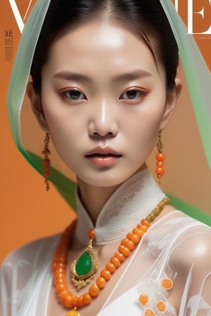 Magazine cover Asian women, White dress, transparent/translucent medium, A veil covers the face, Advanced fashion, A brown necklace, Green and orange, Orange background, Half-length photo, telephoto lens, guo pei, photo studio, matte photo, minimalist beauty, meticulous linework precision, advertising grade photography, super detail, photography, Ultra HD