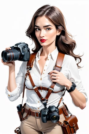 
create an illustration of a professional woman photographer full motivated holding camera in hand and work, the leather camera harness for two cameras is clearly visible on it, white background