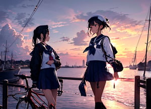 masterpiece, best quality, 1 girl, 13 years old, girl, sailor suit, school uniform, walking, pushing bicycle, causeway, dusk, sunset, dim sky, school road, high definition, Japan, artistic composition, backlight, silhouette, composition from the side, composition from below, striking,best quality