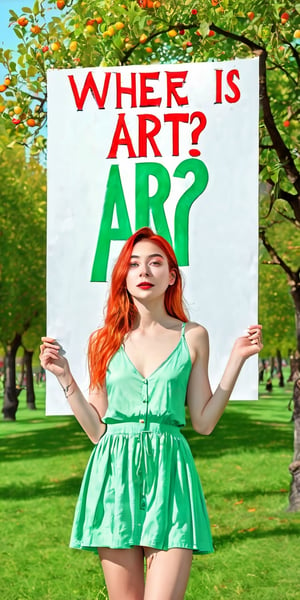 (masterpiece, best quality, ultra-detailed, 8K),high detail,
a young student model, with perfect female body,slim,green iridiscent eyes,orange hair,holding her Poster with the text ("Where Is Art?":1.6), in an orchard ,kind simile,bliss,joyful,cute,charming,,colorful,modelshoot style,