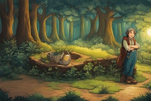 oil-painting, a cute Bilbo Baggins in a beautiful forest with fungus and flowers, centered image, ultra detailed illustration, posing, (tetradic colors), whimsical, enchanting, fairy tale, (ink lines:1.1), strong outlines, art by MSchiffer, bold traces, unframed, high contrast, (cel-shaded:1.1), vector, 32k resolution, best quality, flat colors, flat lights, barefoot
